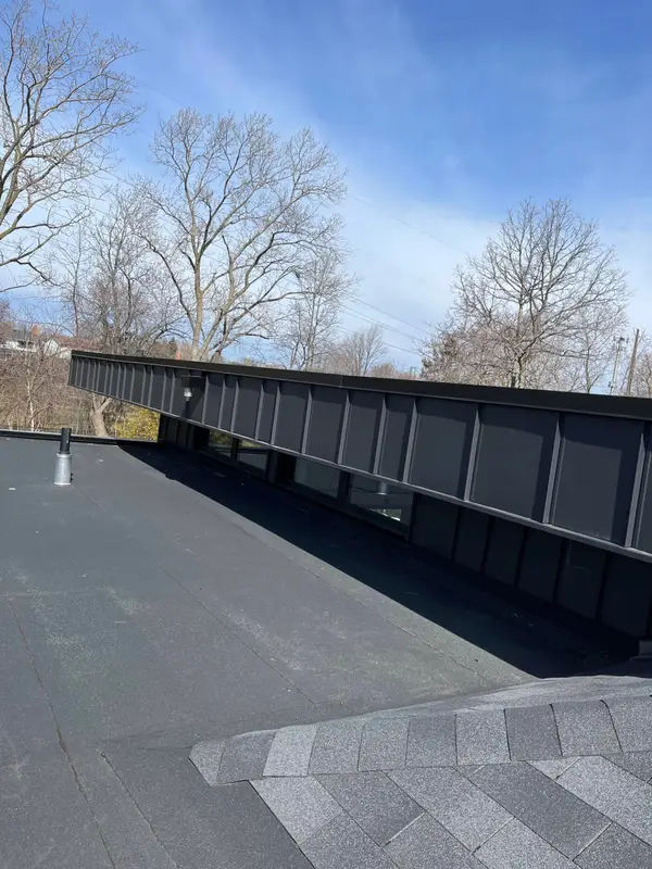 Flat roof with black metal parapet cladding