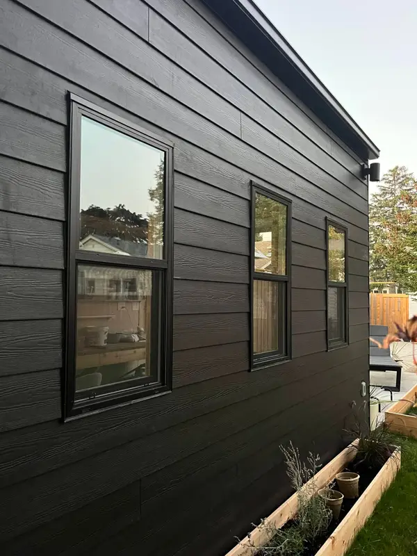 Black horizontal lap siding with black-framed windows